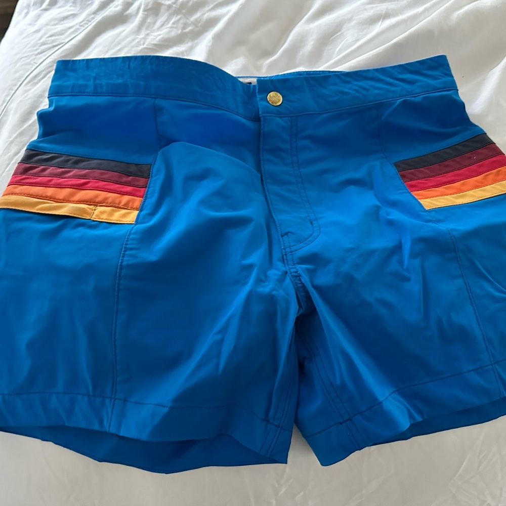 Aviator Nation Blue Swim Trunks with Rainbow Stripes